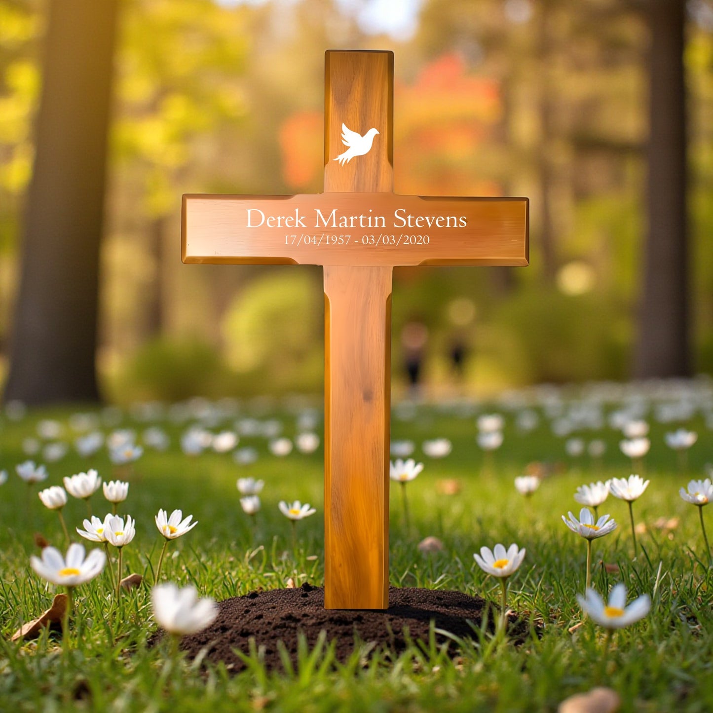 Personalised Mahogany Memorial Cross, Dove – Durable Wooden Grave Marker for Outdoor Use