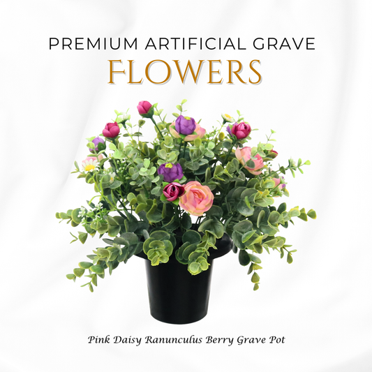 Premium Artificial Grave Flowers – Pink Daisies with Ranunculus & Berries (25cm) | Memorial Vase Pot