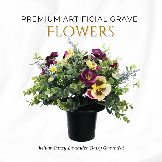 Premium Artificial Grave Flowers – Yellow Pansies with Lavender & Daisies (25cm) | Memorial Vase Pot