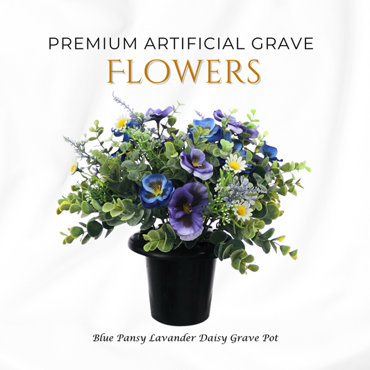 Premium Artificial Grave Flowers – Blue Pansies with Lavender & Daisies (25cm) | Memorial Vase Pot
