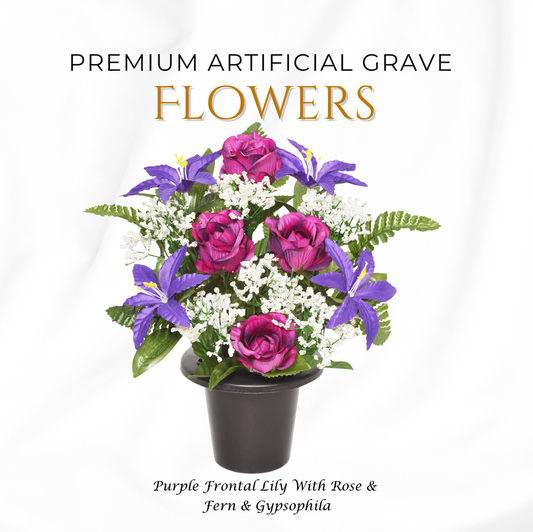 Premium Artificial Grave Flowers – 29cm Purple Frontal Lily With Rose & Fern & Gypsophila | Memorial Vase Pot