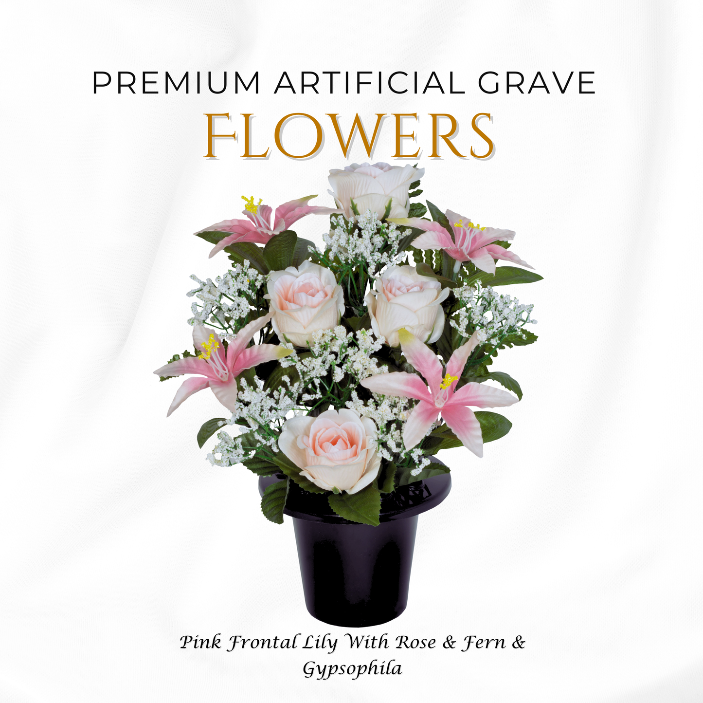 Premium Artificial Grave Flowers – 29cm Pink Frontal Lily With Rose & Fern & Gypsophila | Memorial Vase Pot