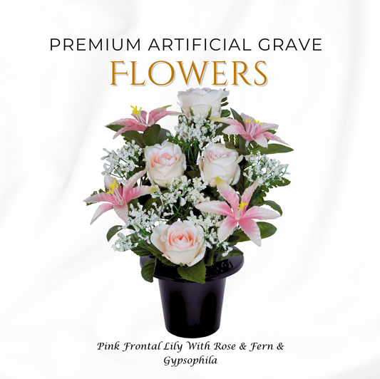Premium Artificial Grave Flowers – 29cm Pink Frontal Lily With Rose & Fern & Gypsophila | Memorial Vase Pot