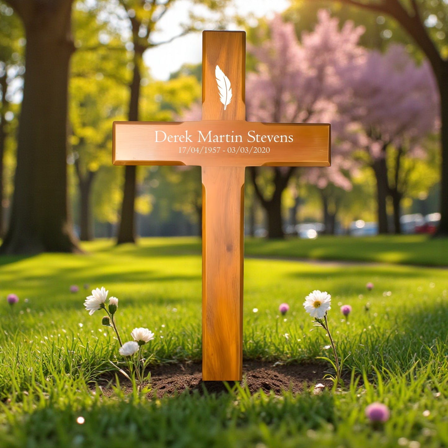 Personalised Mahogany Memorial Cross, Feather – Durable Wooden Grave Marker for Outdoor Use