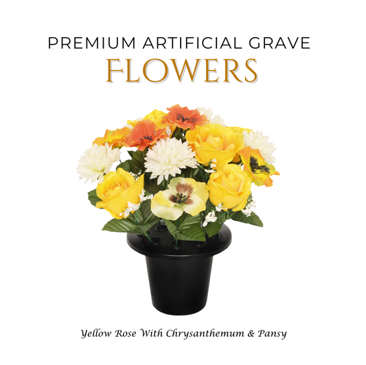 Premium Artificial Grave Flowers – 25cm Yellow Rose With Chrysanthemum & Pansy | Memorial Vase Pot