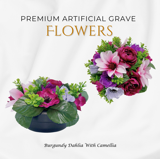 Premium Artificial Grave Flowers – 24cm Burgundy Dahlia With Camellia | Weighted Pot