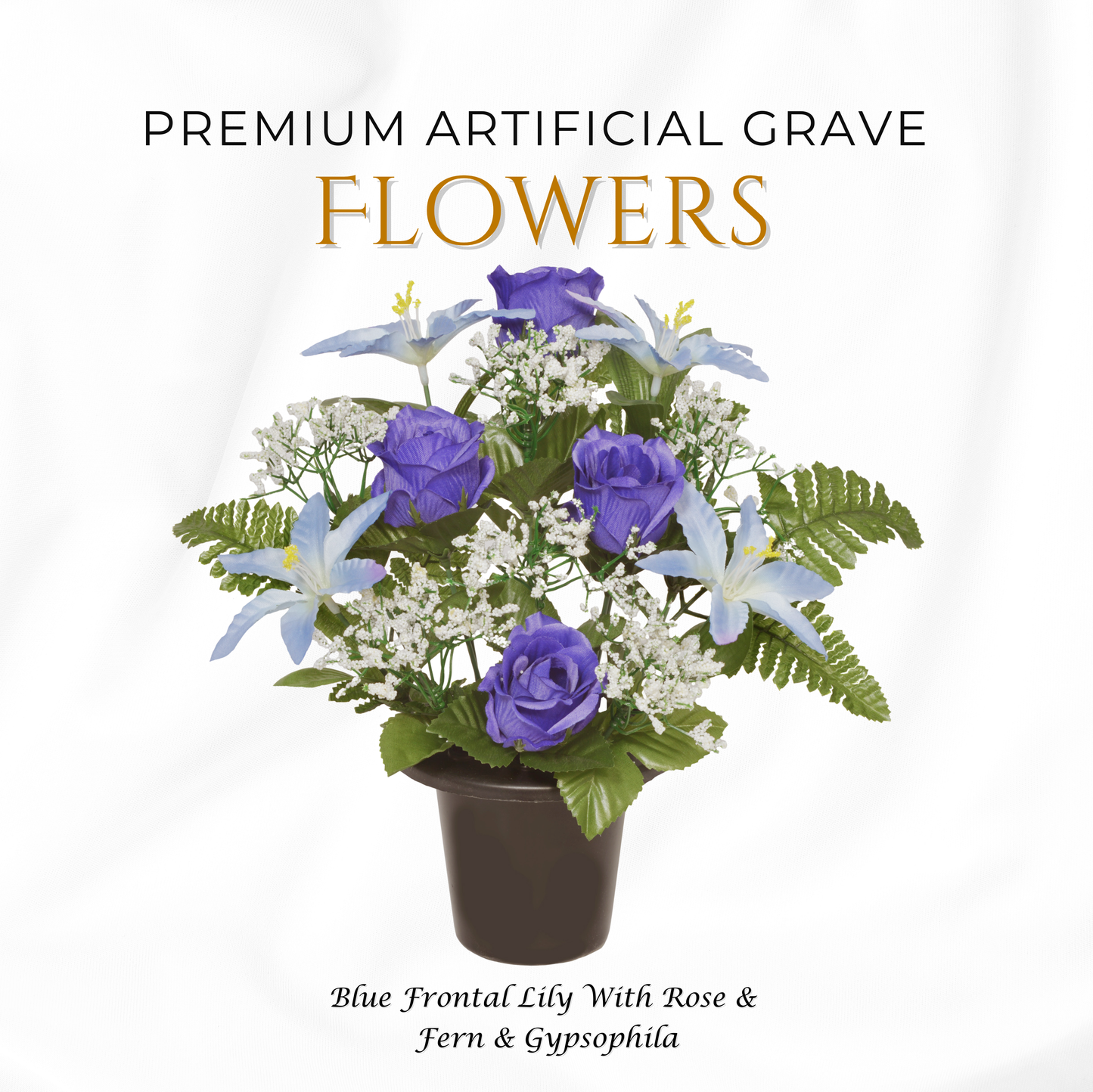 Premium Artificial Grave Flowers – 29cm Blue Frontal Lily With Rose & Fern & Gypsophila | Memorial Vase Pot