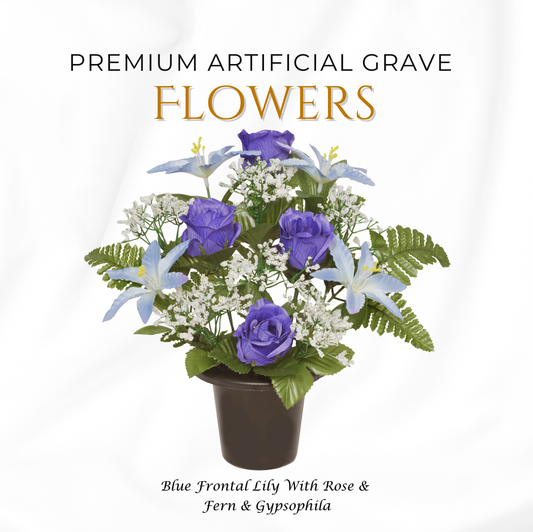 Premium Artificial Grave Flowers – 29cm Blue Frontal Lily With Rose & Fern & Gypsophila | Memorial Vase Pot