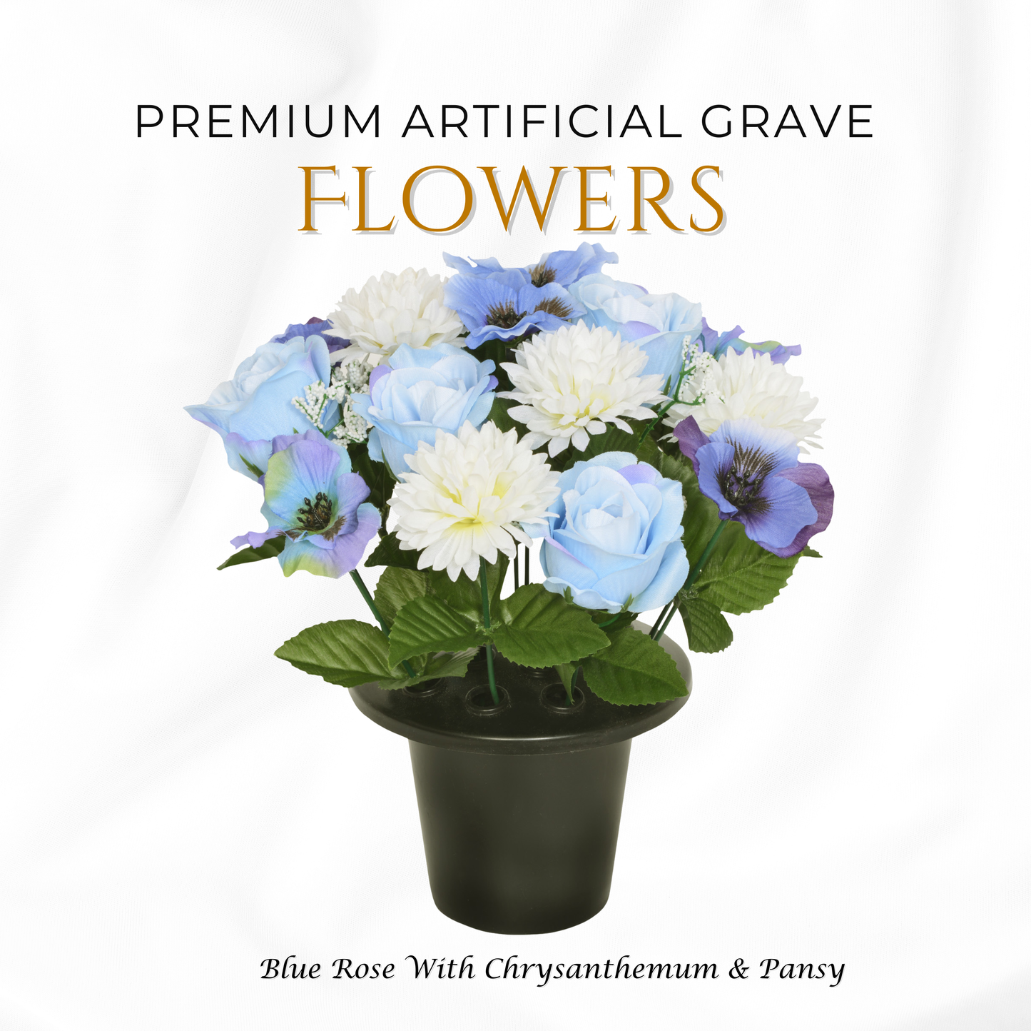 Premium Artificial Grave Flowers – 25cm Blue Rose With Chrysanthemum & Pansy | Memorial Vase Pot