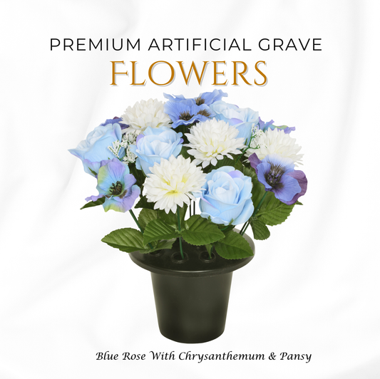 Premium Artificial Grave Flowers – 25cm Blue Rose With Chrysanthemum & Pansy | Memorial Vase Pot