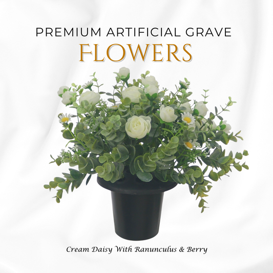 Premium Artificial Grave Flowers – 25cm Cream Daisy With Ranunculus & Berry | Memorial Vase Pot