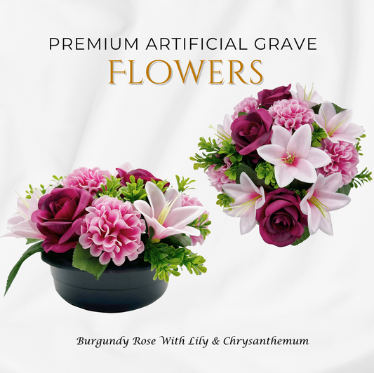 Premium Artificial Grave Flowers β 24cm Burgundy Rose With Lily & Chrysanthemum | Weighted Pot