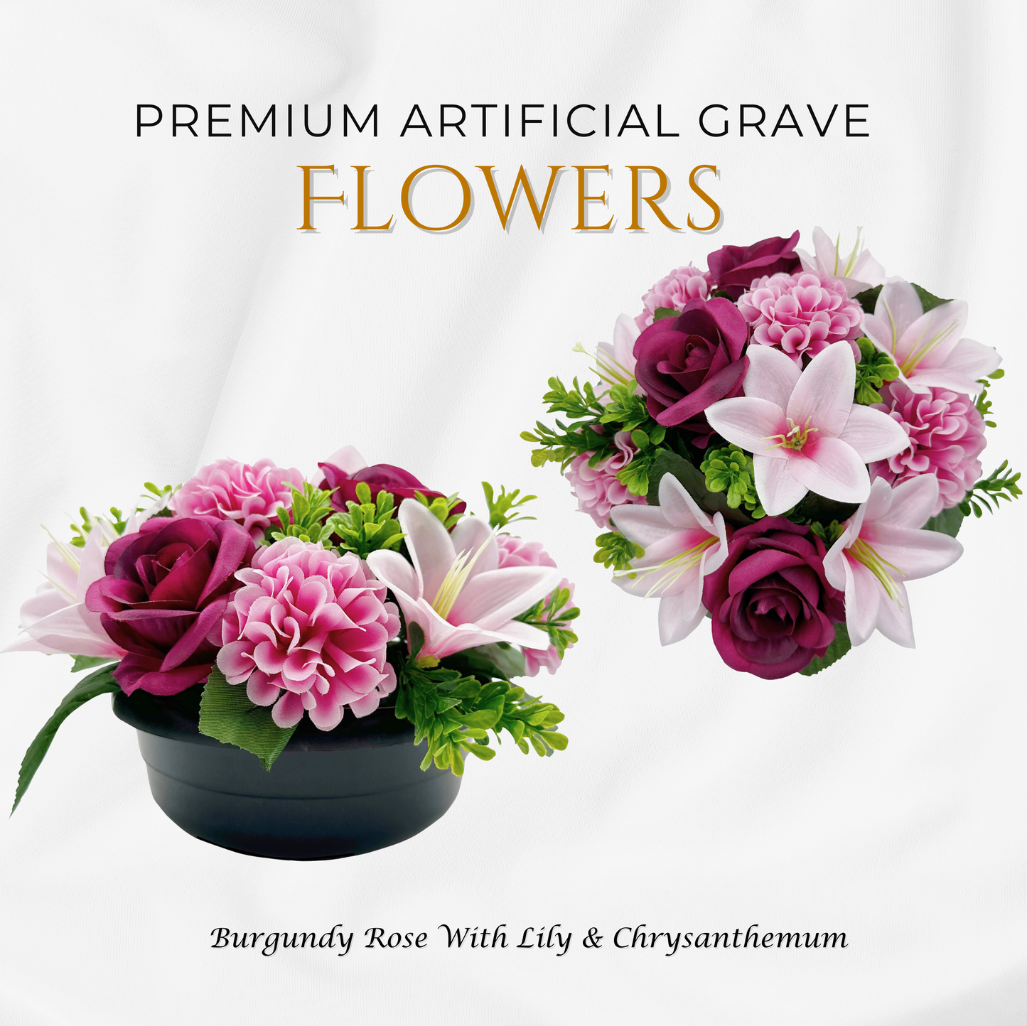 Premium Artificial Grave Flowers – 24cm Burgundy Rose With Lily & Chrysanthemum | Weighted Pot