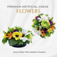 Premium Artificial Grave Flowers – 24cm Green Dahlia With Camellia & Anemone | Weighted Pot