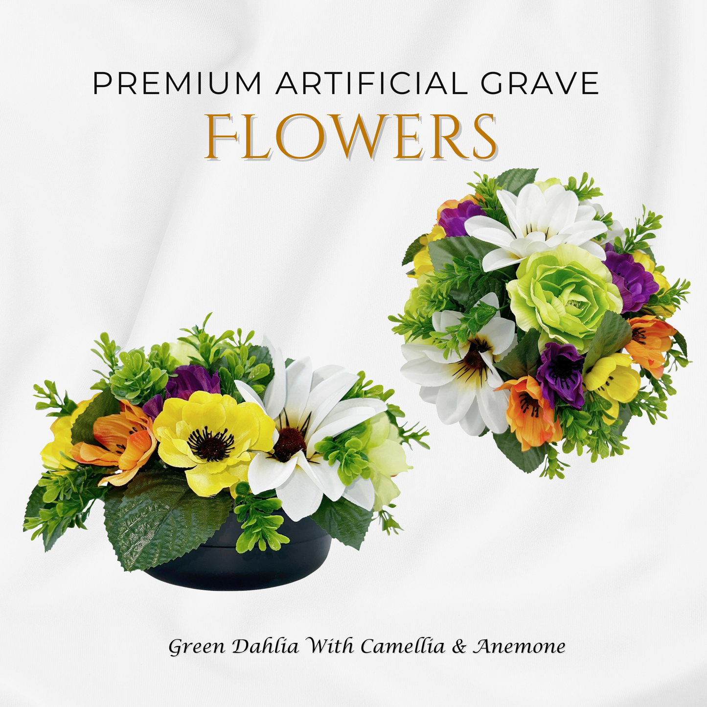Premium Artificial Grave Flowers – 24cm Green Dahlia With Camellia & Anemone | Weighted Pot
