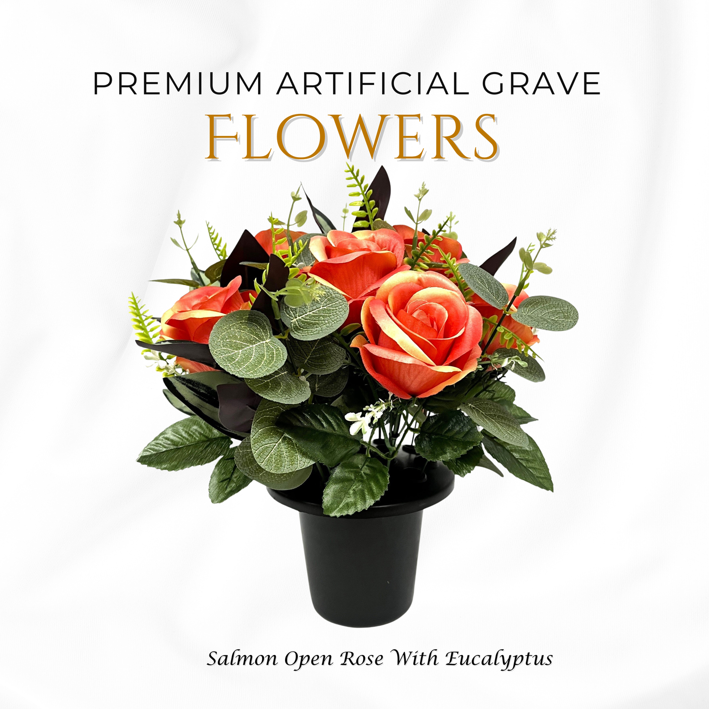 Premium Artificial Grave Flowers – 25cm Salmon Open Rose With Eucalyptus | Memorial Vase Pot