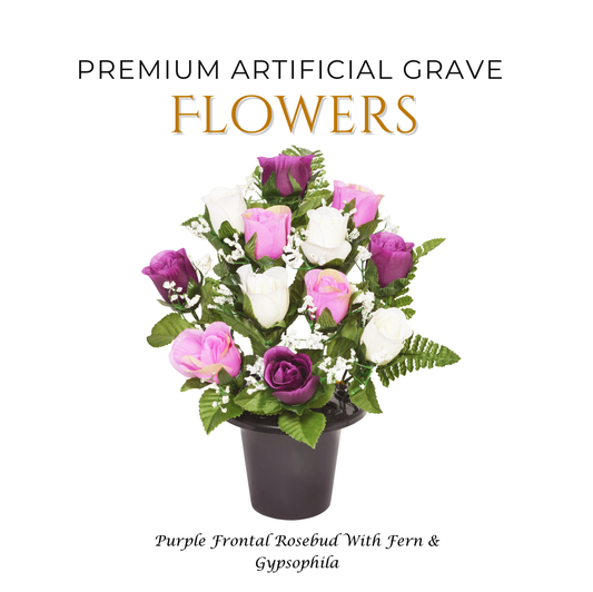 Premium Artificial Grave Flowers – 29cm Purple Frontal Rosebud With Fern & Gypsophila | Memorial Vase Pot