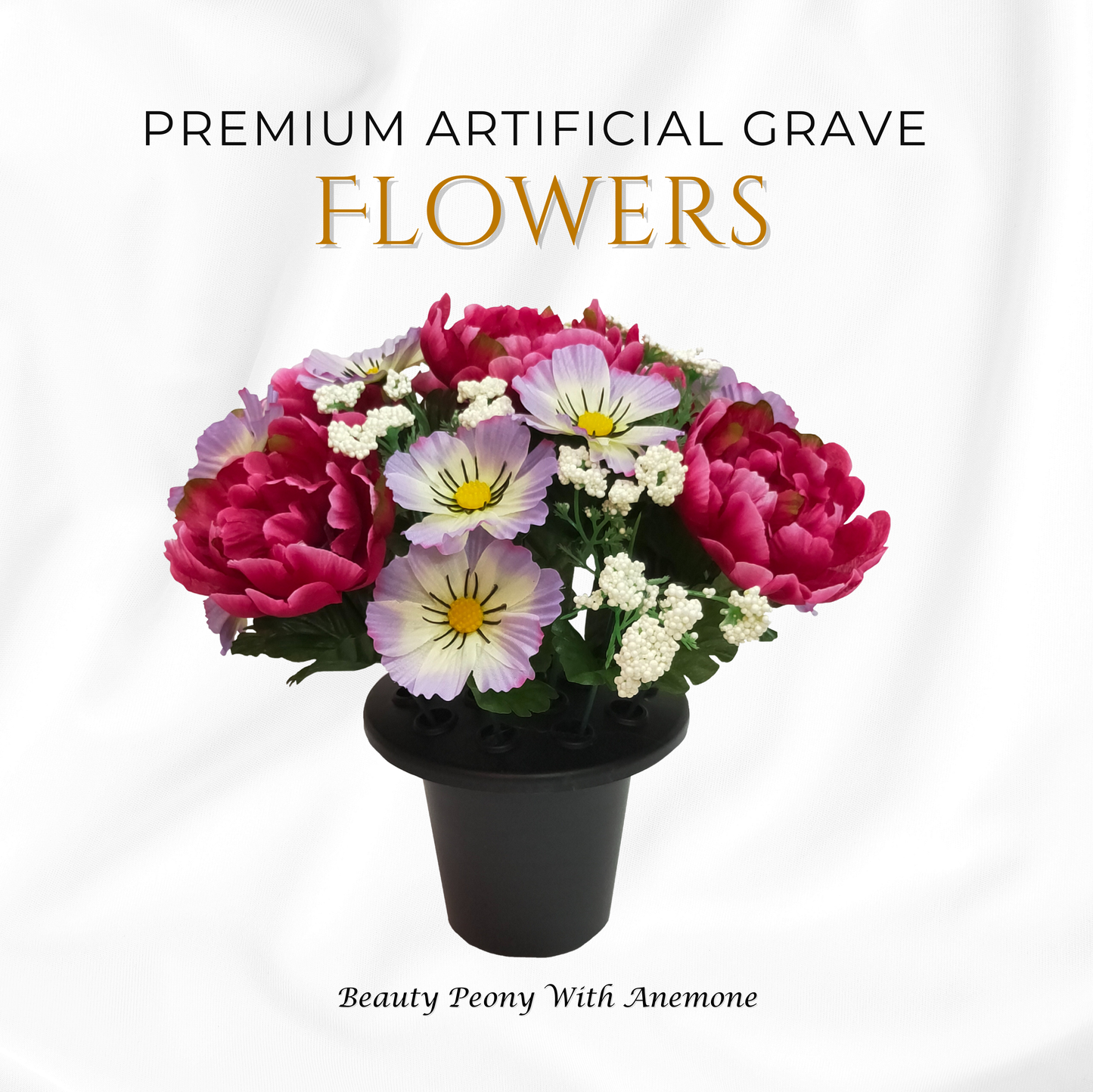 Premium Artificial Grave Flowers – 25cm Beauty Peony With Anemone | Memorial Vase Pot