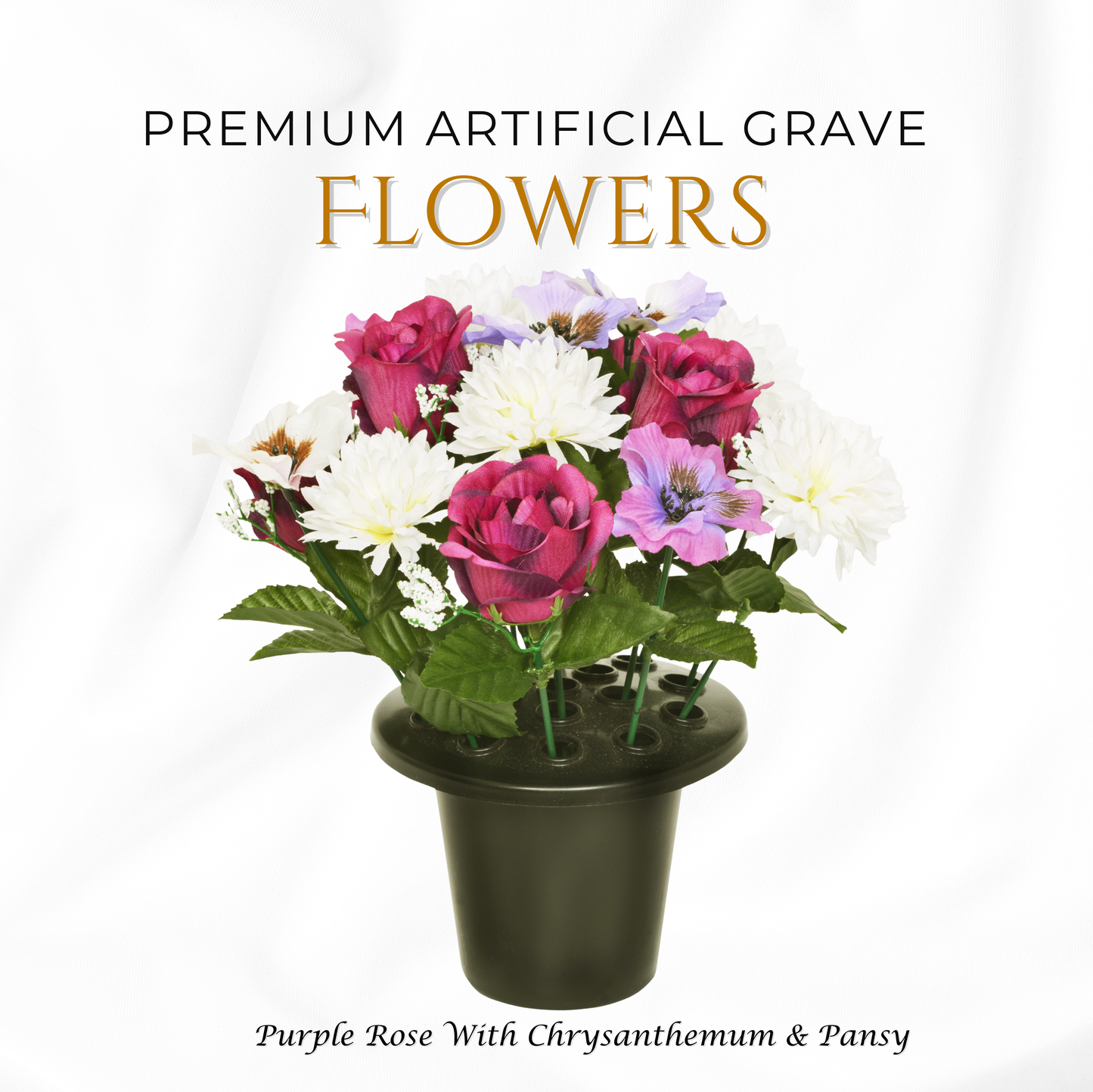 Premium Artificial Grave Flowers – 25cm Purple Rose With Chrysanthemum & Pansy | Memorial Vase Pot