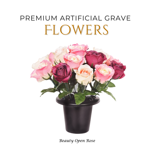 Premium Artificial Grave Flowers – 25cm Beauty Open Rose | Memorial Vase Pot