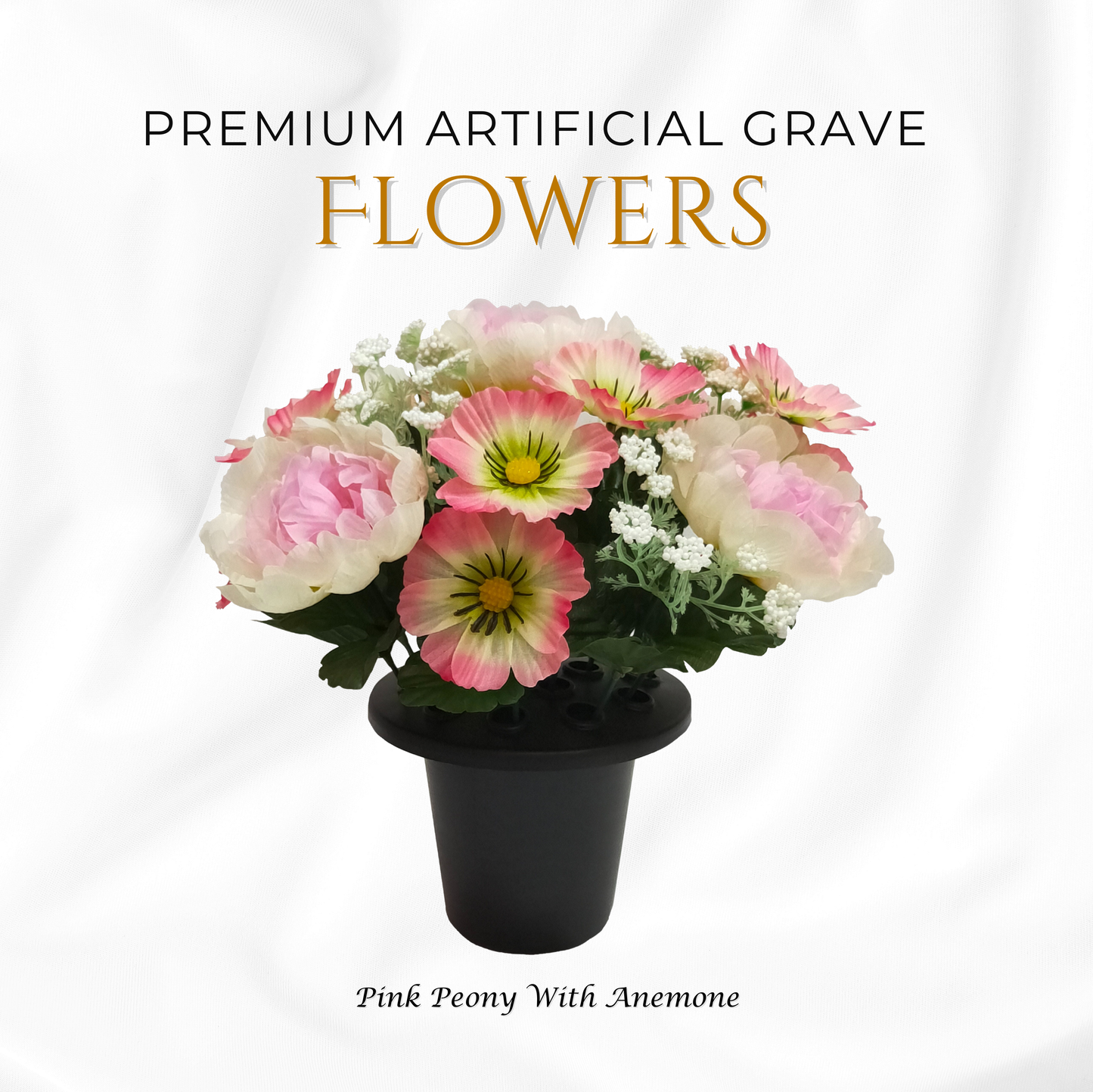 Premium Artificial Grave Flowers – 25cm Pink Peony With Anemone | Memorial Vase Pot