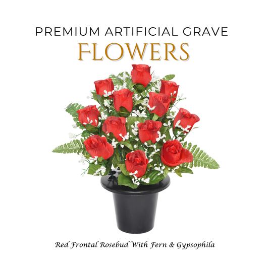 Premium Artificial Grave Flowers – 29cm Red Frontal Rosebud With Fern & Gypsophila | Memorial Vase Pot
