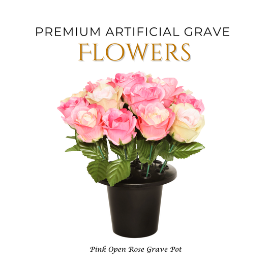 Premium Artificial Grave Flowers – Pink Open Roses (25cm) | Memorial Vase Pot