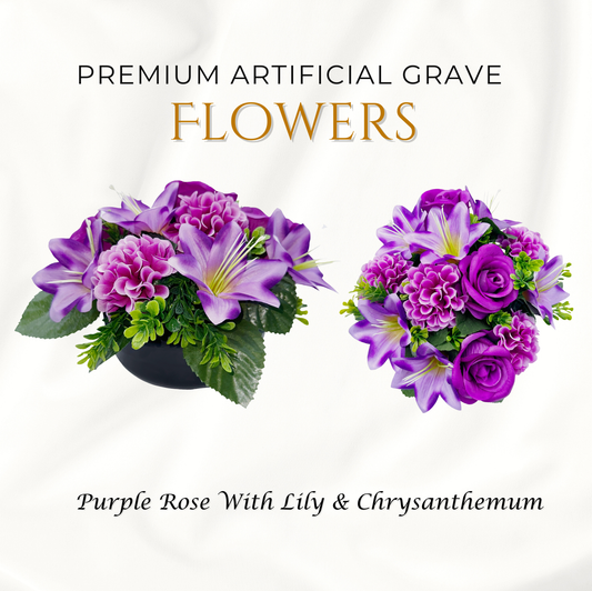 Premium Artificial Grave Flowers – 24cm Purple Rose With Lily & Chrysanthemum | Weighted Pot