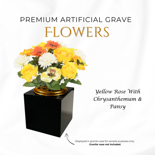 Premium Artificial Grave Flowers β 25cm Yellow Rose With Chrysanthemum & Pansy | Memorial Vase Pot