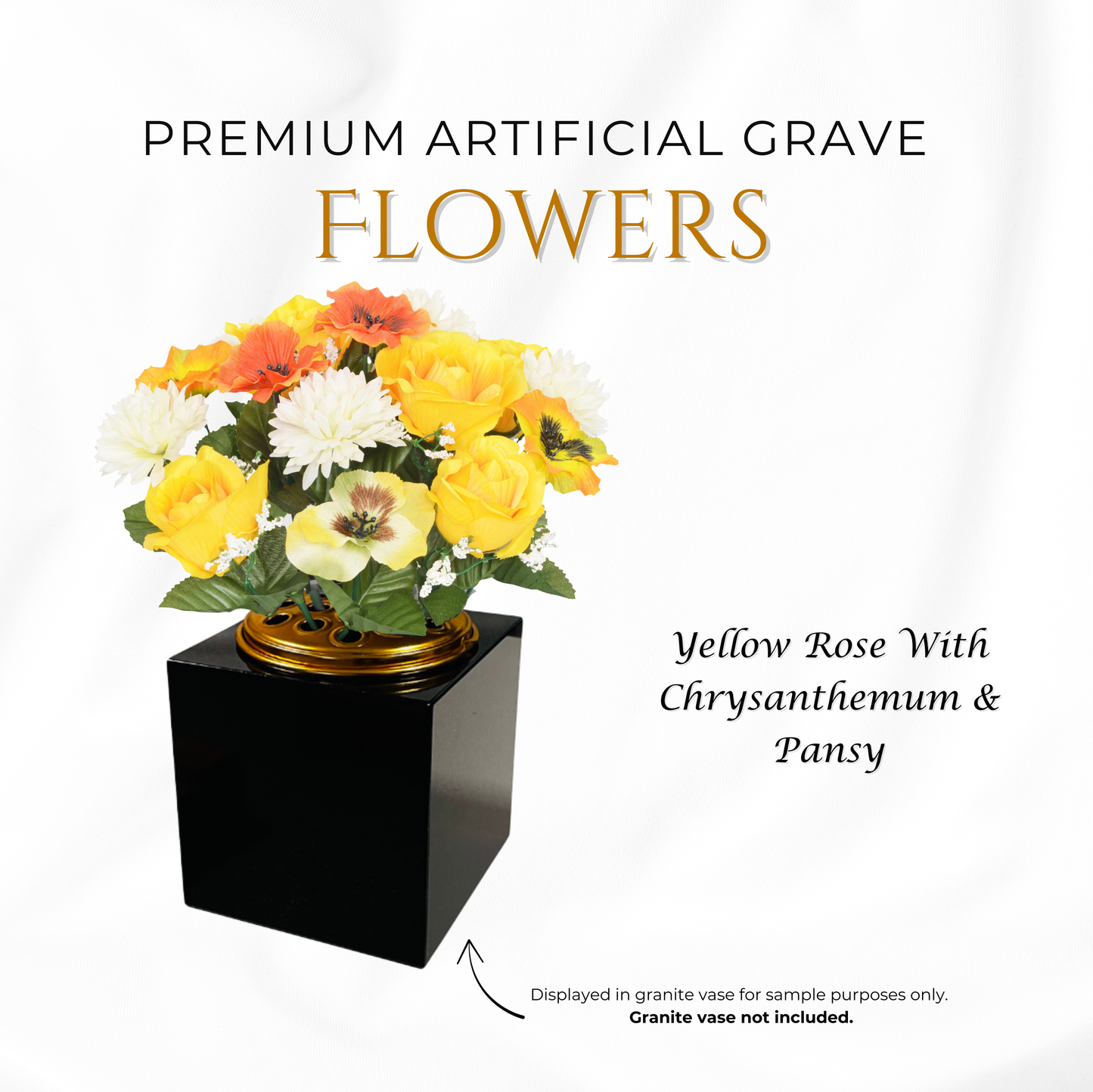 Premium Artificial Grave Flowers – 25cm Yellow Rose With Chrysanthemum & Pansy | Memorial Vase Pot