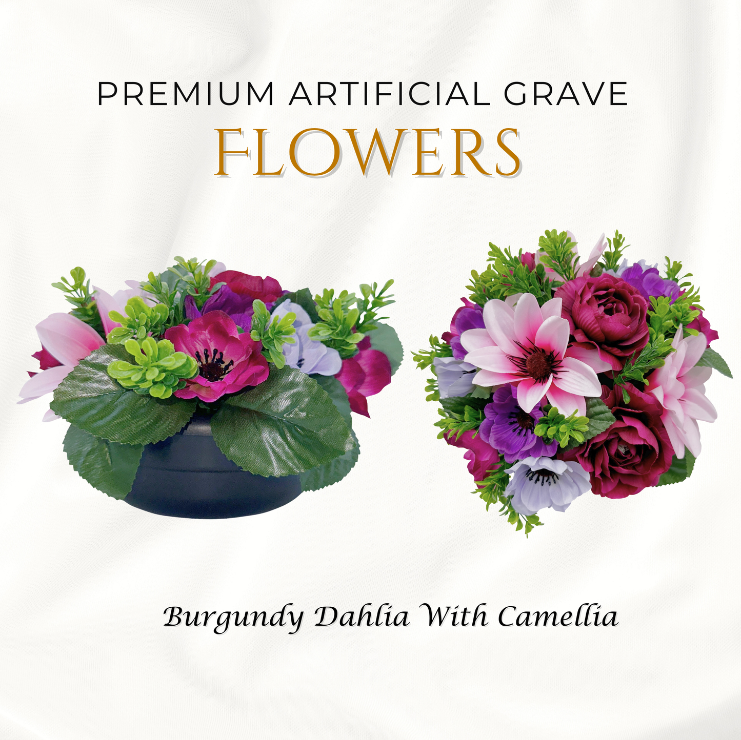 Premium Artificial Grave Flowers – 24cm Burgundy Dahlia With Camellia | Weighted Pot