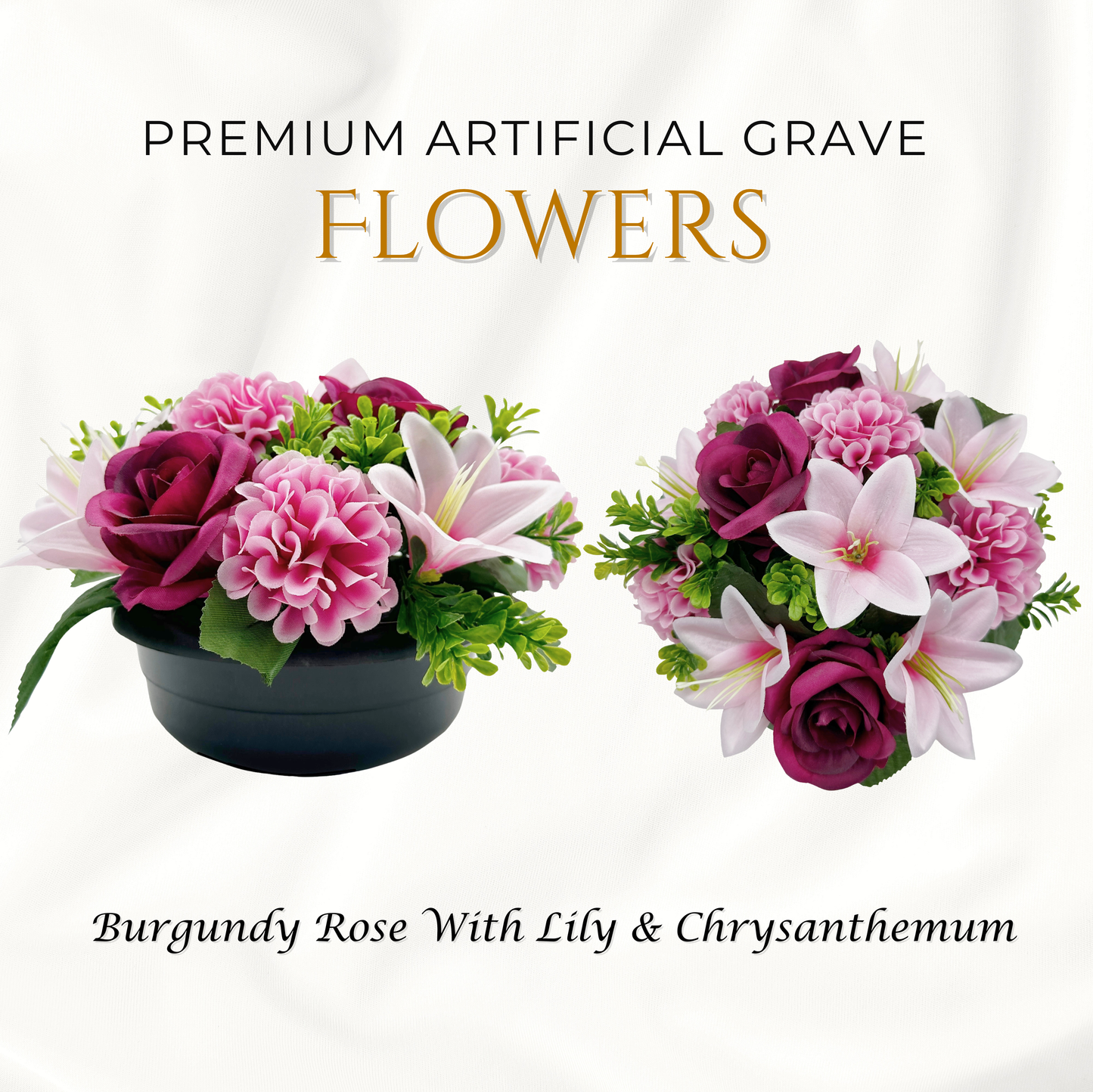 Premium Artificial Grave Flowers – 24cm Burgundy Rose With Lily & Chrysanthemum | Weighted Pot