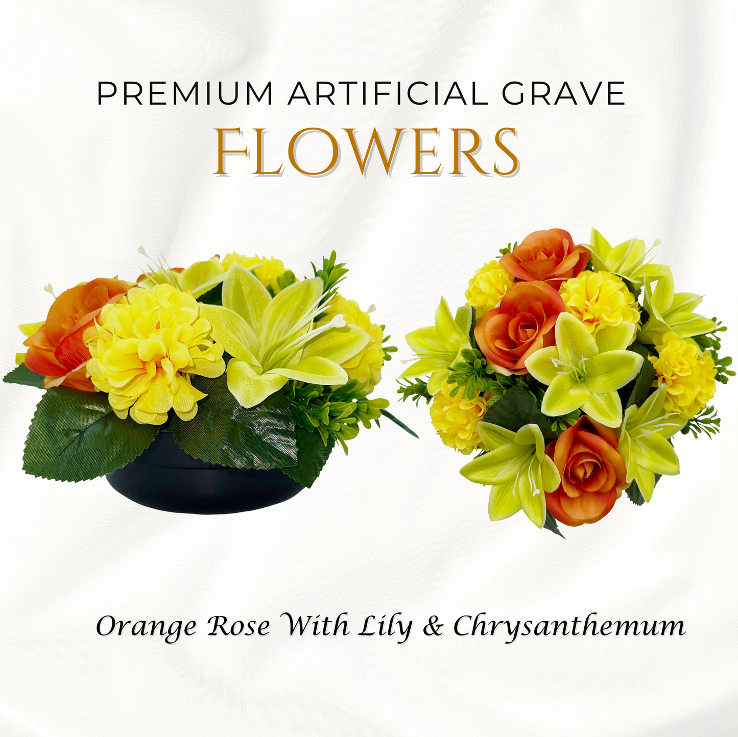 Premium Artificial Grave Flowers – 24cm Orange Rose With Lily & Chrysanthemum | Weighted Pot