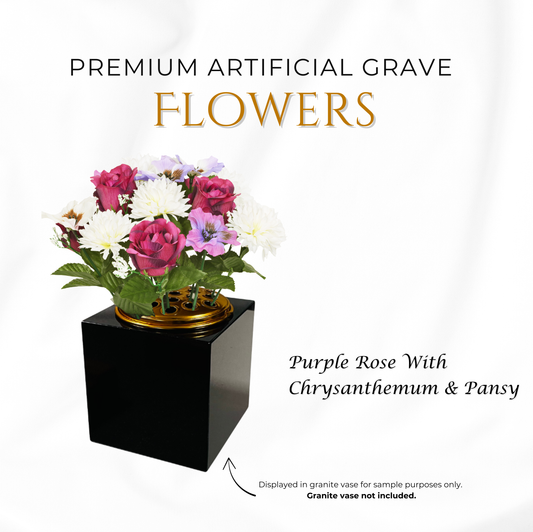 Premium Artificial Grave Flowers β 25cm Purple Rose With Chrysanthemum & Pansy | Memorial Vase Pot