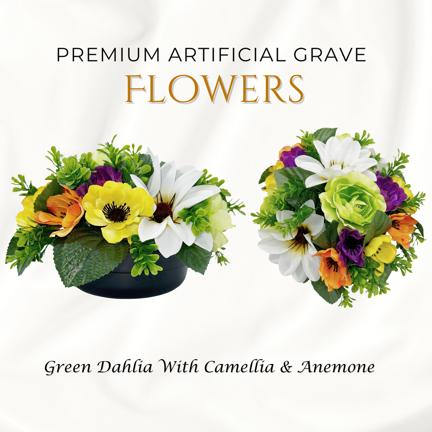 Premium Artificial Grave Flowers – 24cm Green Dahlia With Camellia & Anemone | Weighted Pot
