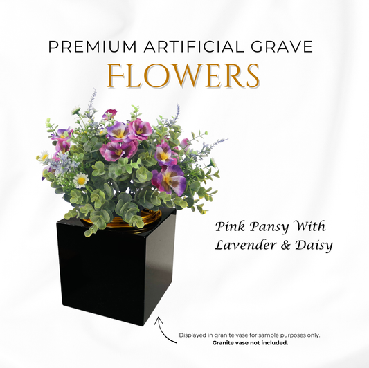 Premium Artificial Grave Flowers – 25cm Pink Pansy With Lavender & Daisy | Memorial Vase Pot