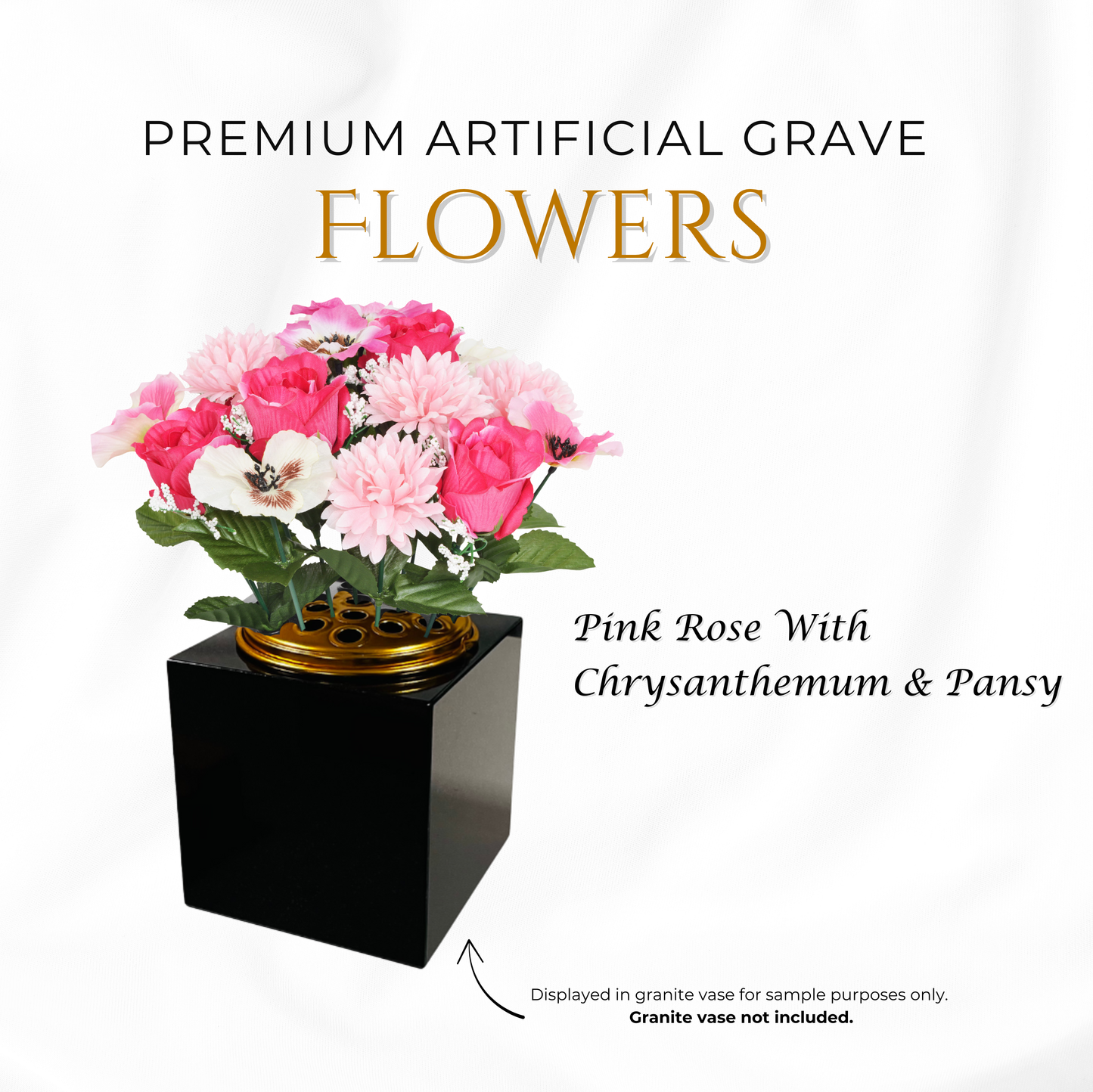 Premium Artificial Grave Flowers – 25cm Pink Rose With Chrysanthemum & Pansy | Memorial Vase Pot