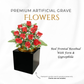 Premium Artificial Grave Flowers – 29cm Red Frontal Rosebud With Fern & Gypsophila | Memorial Vase Pot