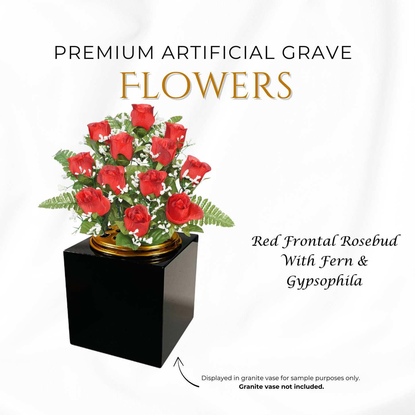 Premium Artificial Grave Flowers – 29cm Red Frontal Rosebud With Fern & Gypsophila | Memorial Vase Pot