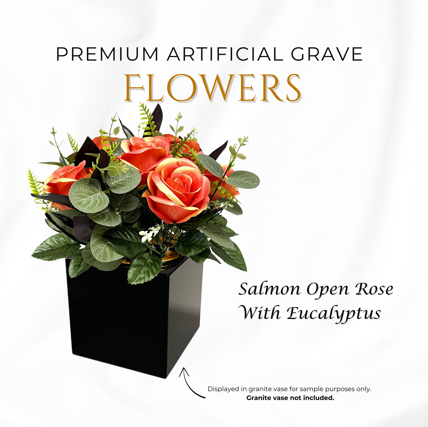 Premium Artificial Grave Flowers – 25cm Salmon Open Rose With Eucalyptus | Memorial Vase Pot