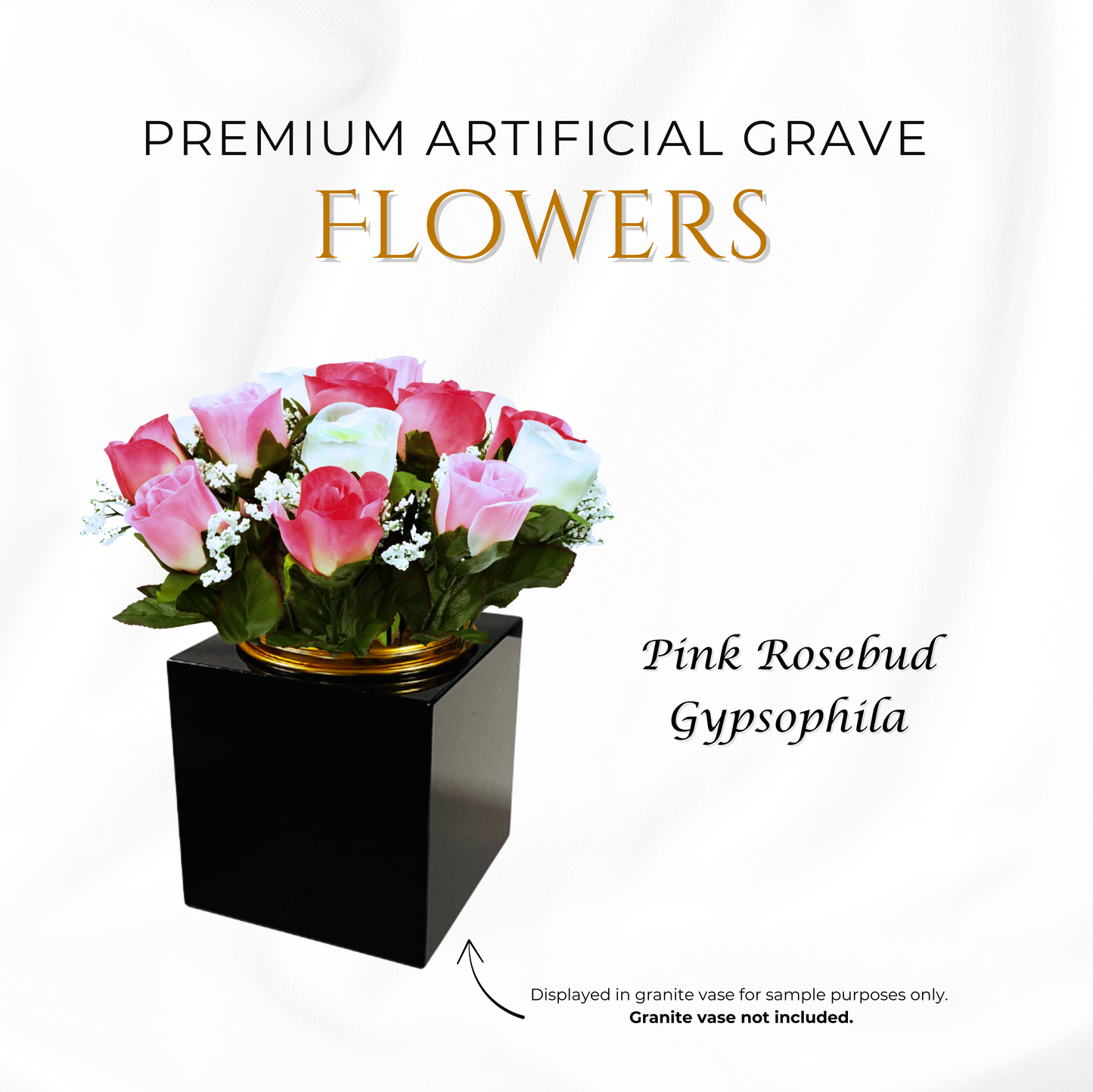 Premium Artificial Grave Flowers – 25cm Pink Rosebud With Gypsophila | Memorial Vase Pot