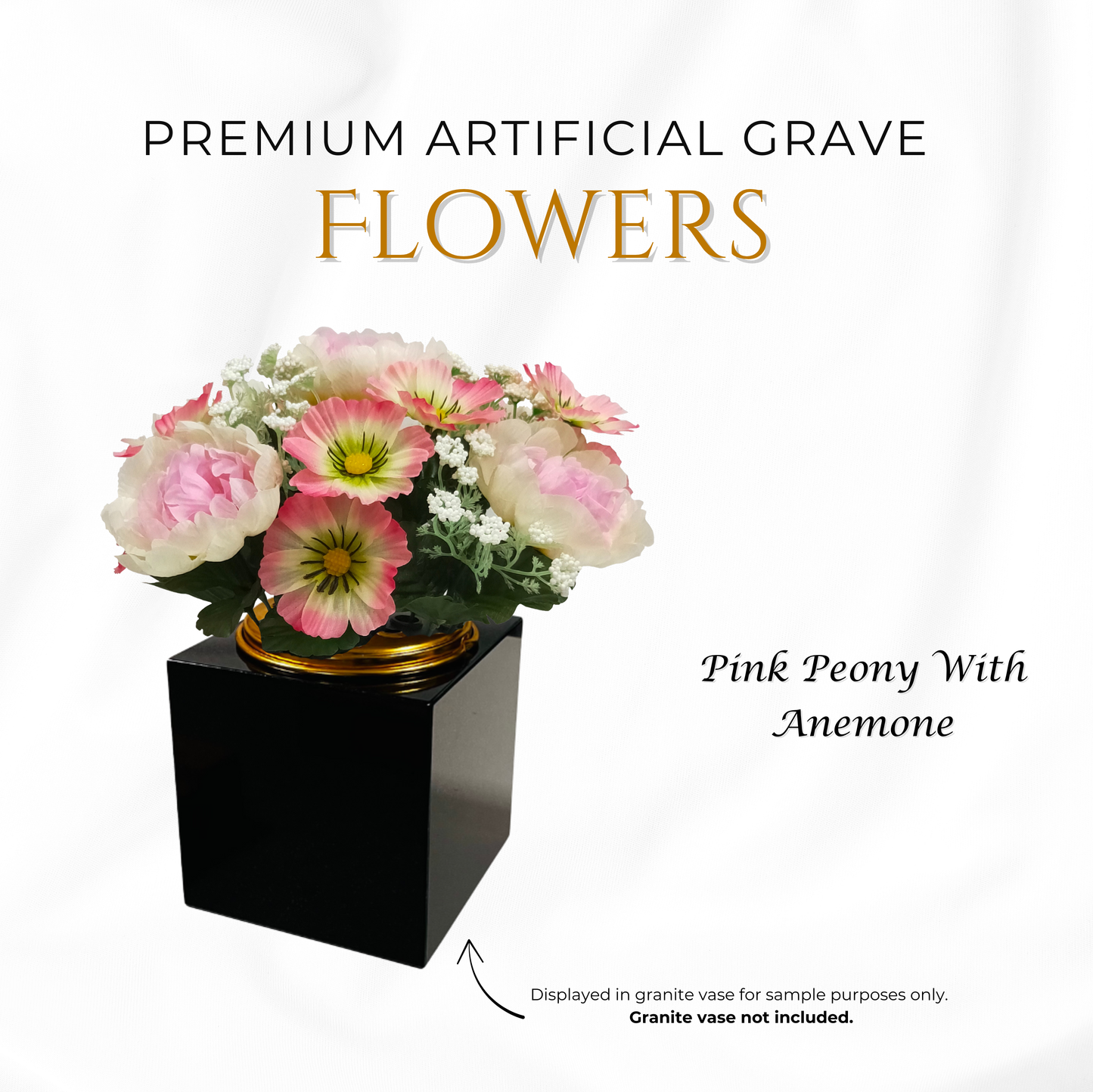 Premium Artificial Grave Flowers – 25cm Pink Peony With Anemone | Memorial Vase Pot