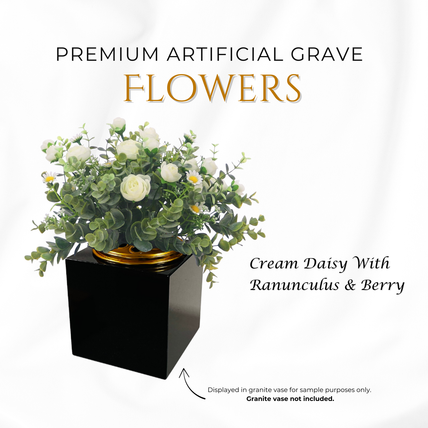 Premium Artificial Grave Flowers – 25cm Cream Daisy With Ranunculus & Berry | Memorial Vase Pot