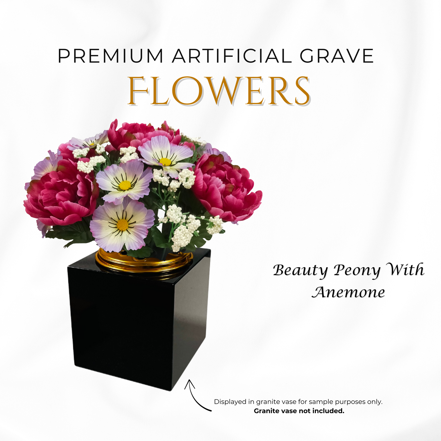 Premium Artificial Grave Flowers – 25cm Beauty Peony With Anemone | Memorial Vase Pot
