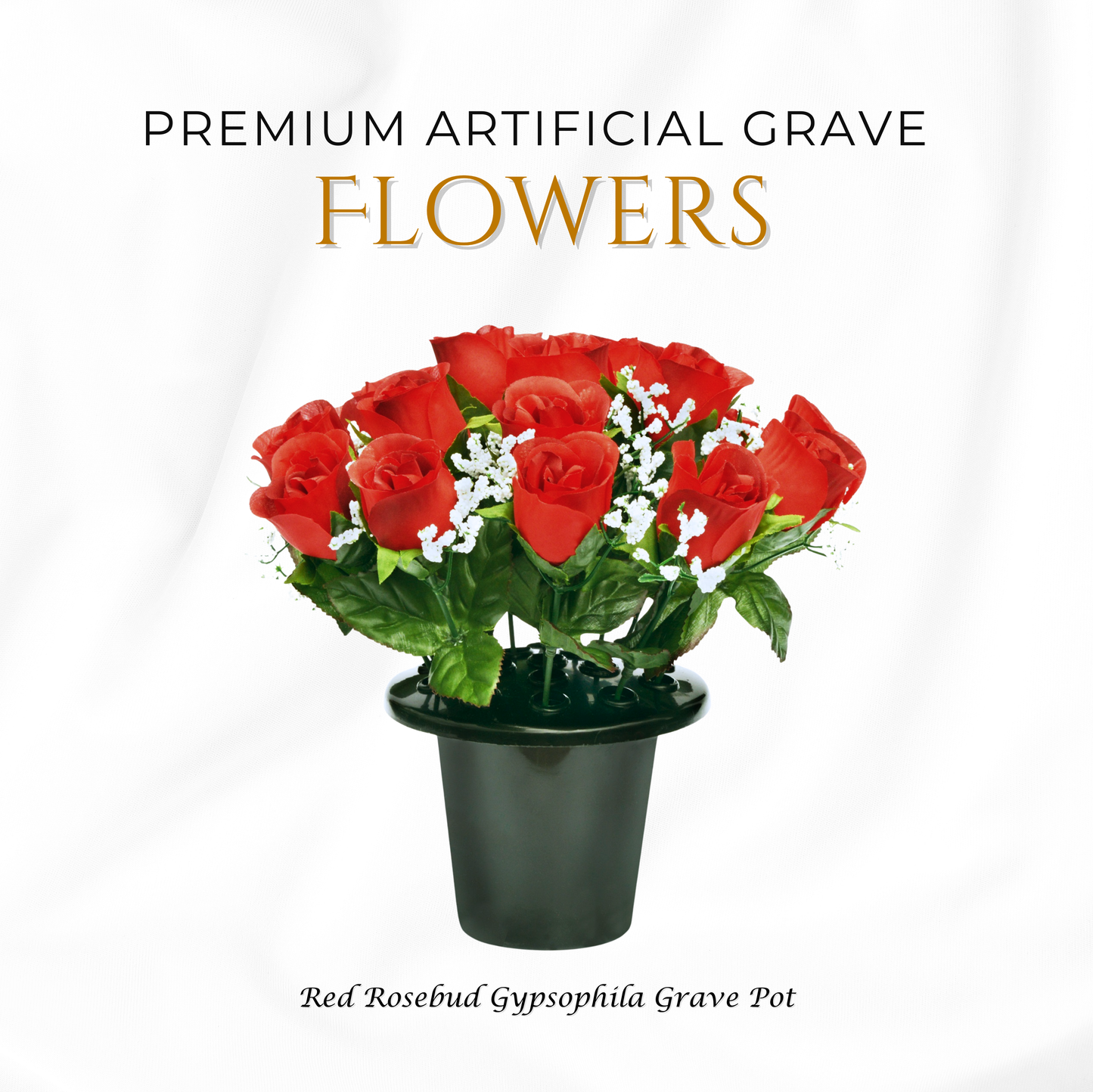 Premium Artificial Grave Flowers – 25cm Red Rosebud With Gypsophila | Memorial Vase Pot