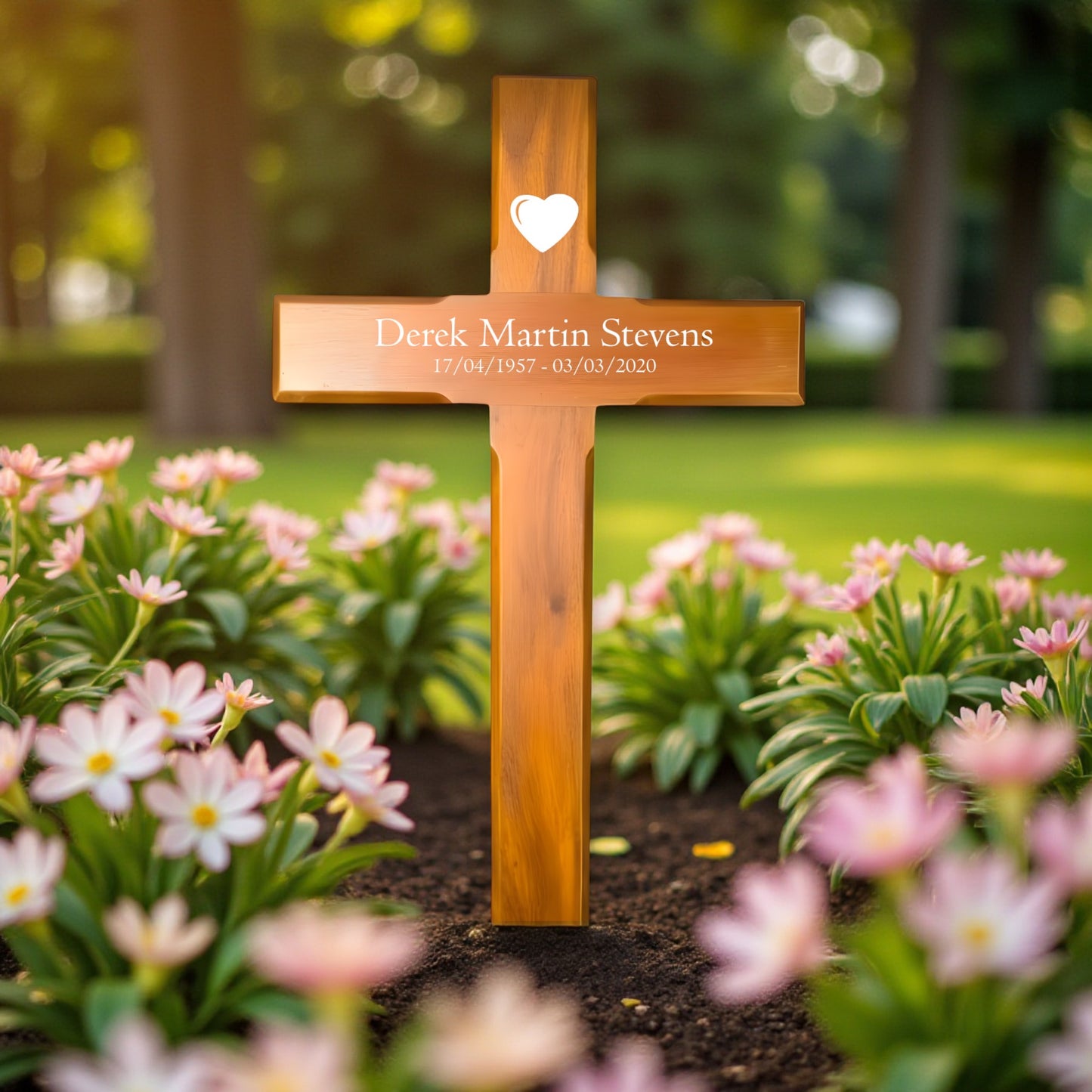 Personalised Mahogany Memorial Cross, Heart – Durable Wooden Grave Marker for Outdoor Use