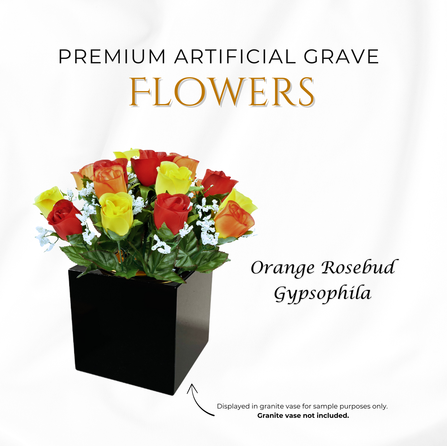 Premium Artificial Grave Flowers – 25cm Orange Rosebud With Gypsophila | Memorial Vase Pot