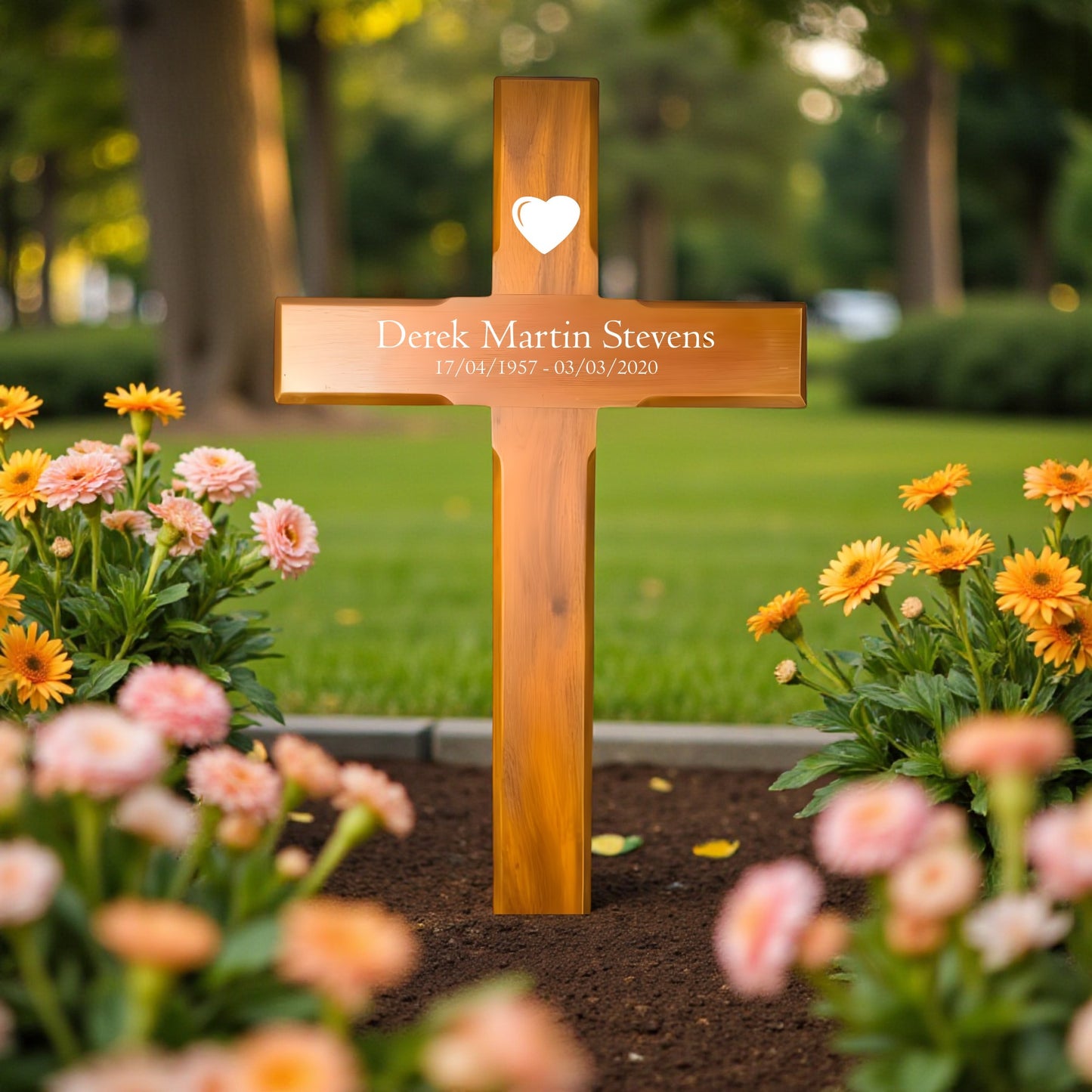 Personalised Mahogany Memorial Cross, Heart – Durable Wooden Grave Marker for Outdoor Use