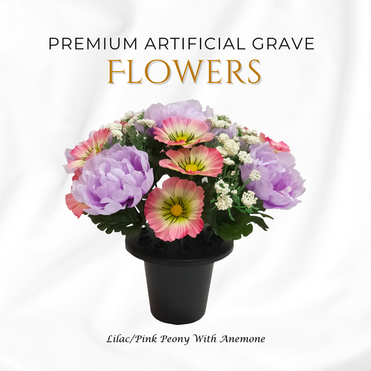 Premium Artificial Grave Flowers – 25cm Lilac/Pink Peony With Anemone | Memorial Vase Pot