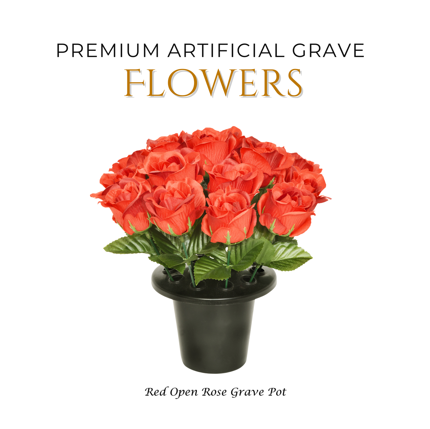 Premium Artificial Grave Flowers – Red Open Roses (25cm) | Memorial Vase Pot
